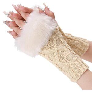 2 Pairs White Furry Fingerless Gloves